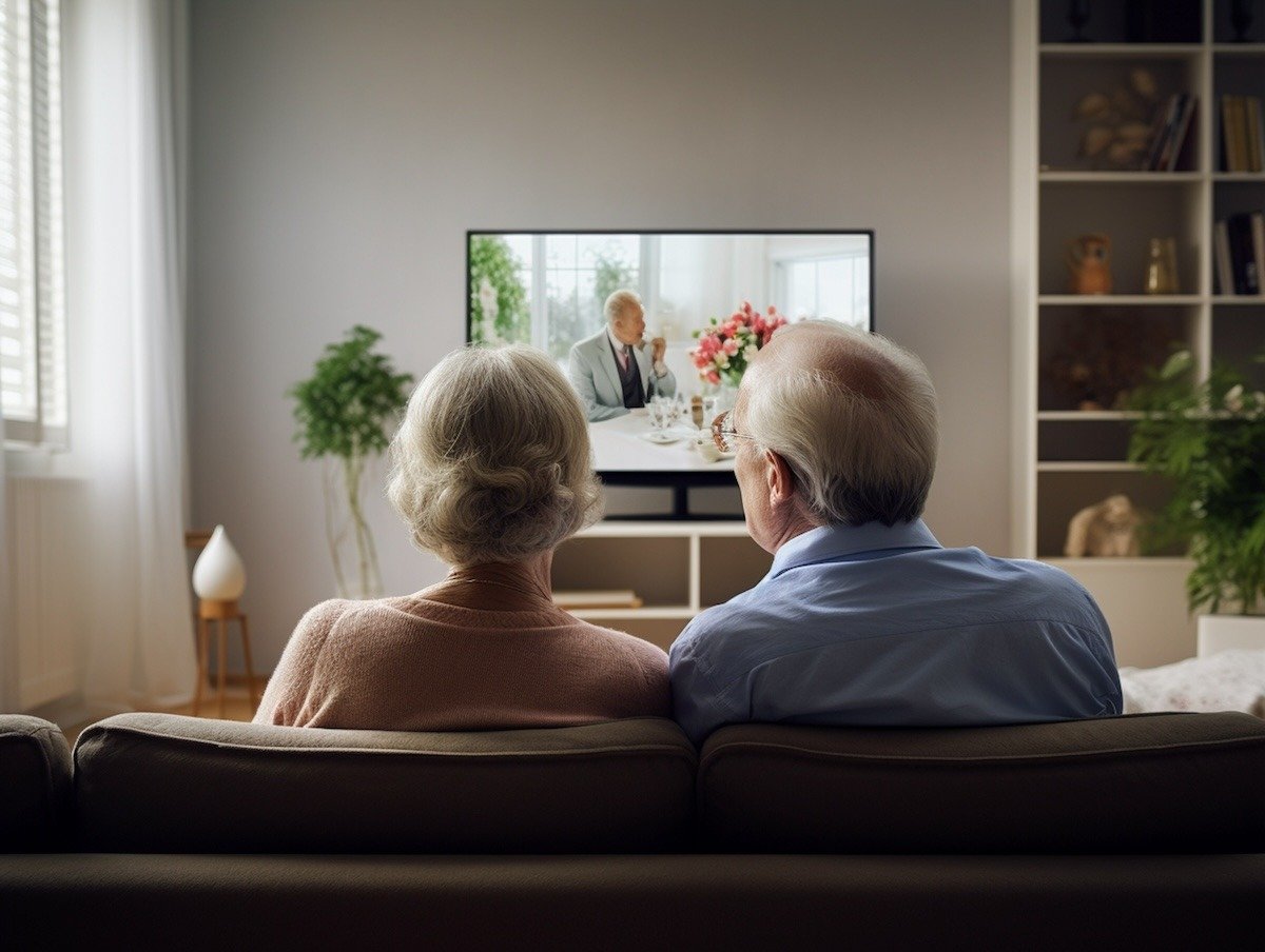 Seniors watching movies indoors