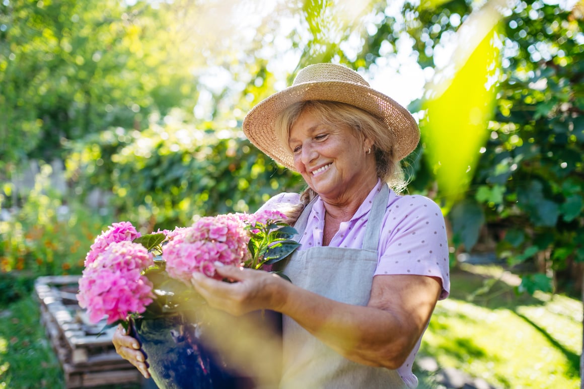 Senior woman admiring flowers in a garden