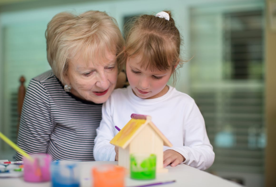 Grandmother painting a birdhouse with granddaughter